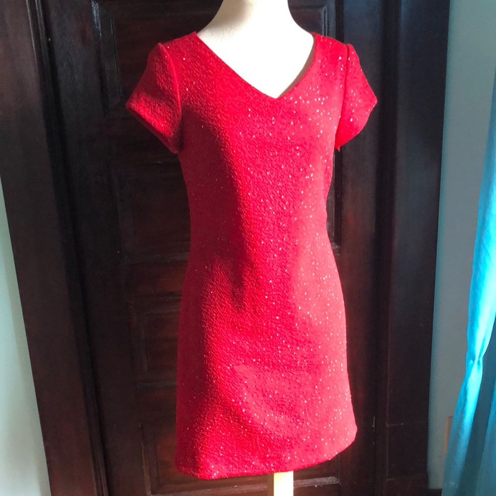 Vintage David Warren red sequined Sheath dress size 6 knee length/USA made